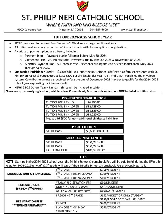 Tuition and Fees St. Philip Neri Catholic School Metairie, LA